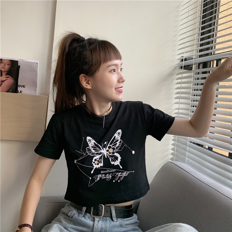Áo Thun Tay Ngắn In Hình Bướm Thời Trang Hàn Quốc Dành Cho Nữ
