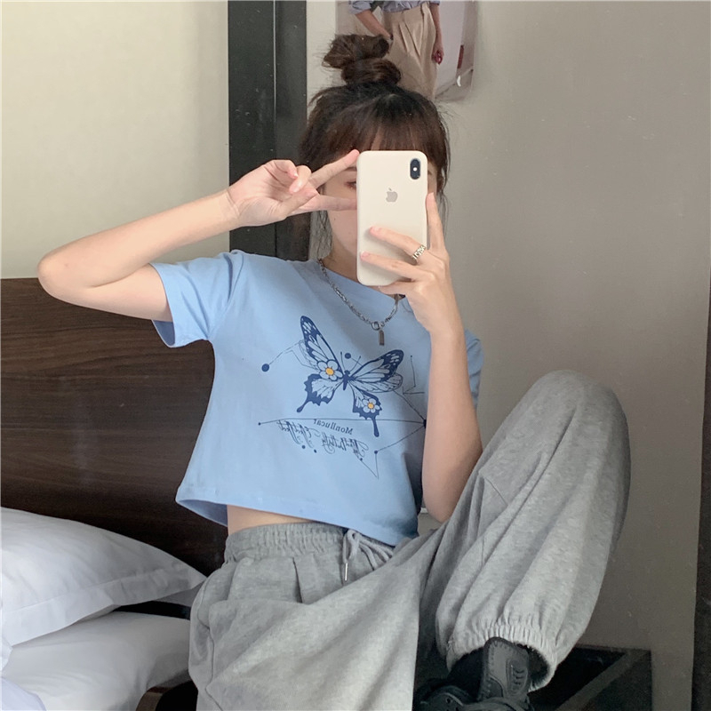 Áo Thun Tay Ngắn In Hình Bướm Thời Trang Hàn Quốc Dành Cho Nữ