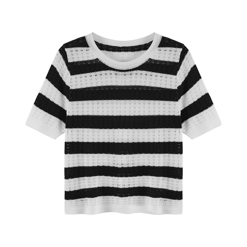 Áo Thun Dệt Kim Ngắn Tay Họa Tiết Kẻ Sọc Thời Trang Mùa Hè Hàn Quốc Cho Nữ