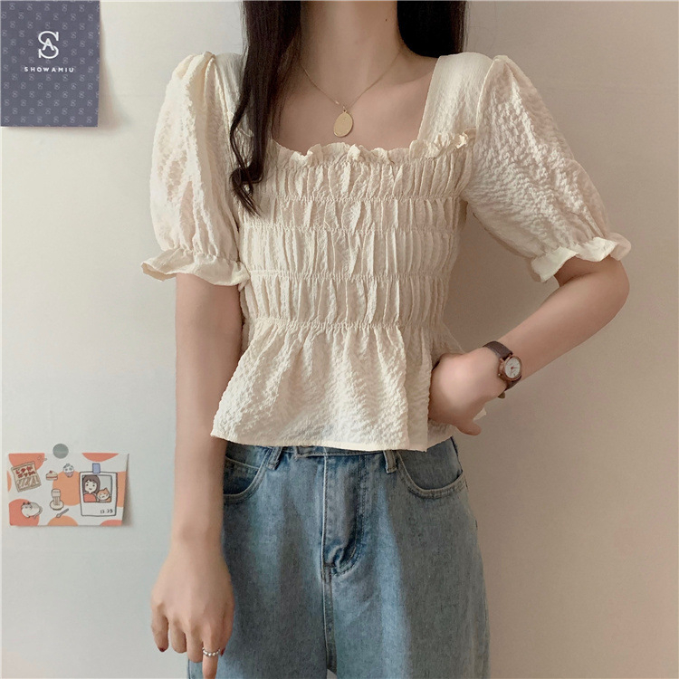 Áo Thun Tay Ngắn Cổ Vuông Phong Cách Hàn Quốc Thời Trang Mùa Hè Quyến Rũ Cho Nữ