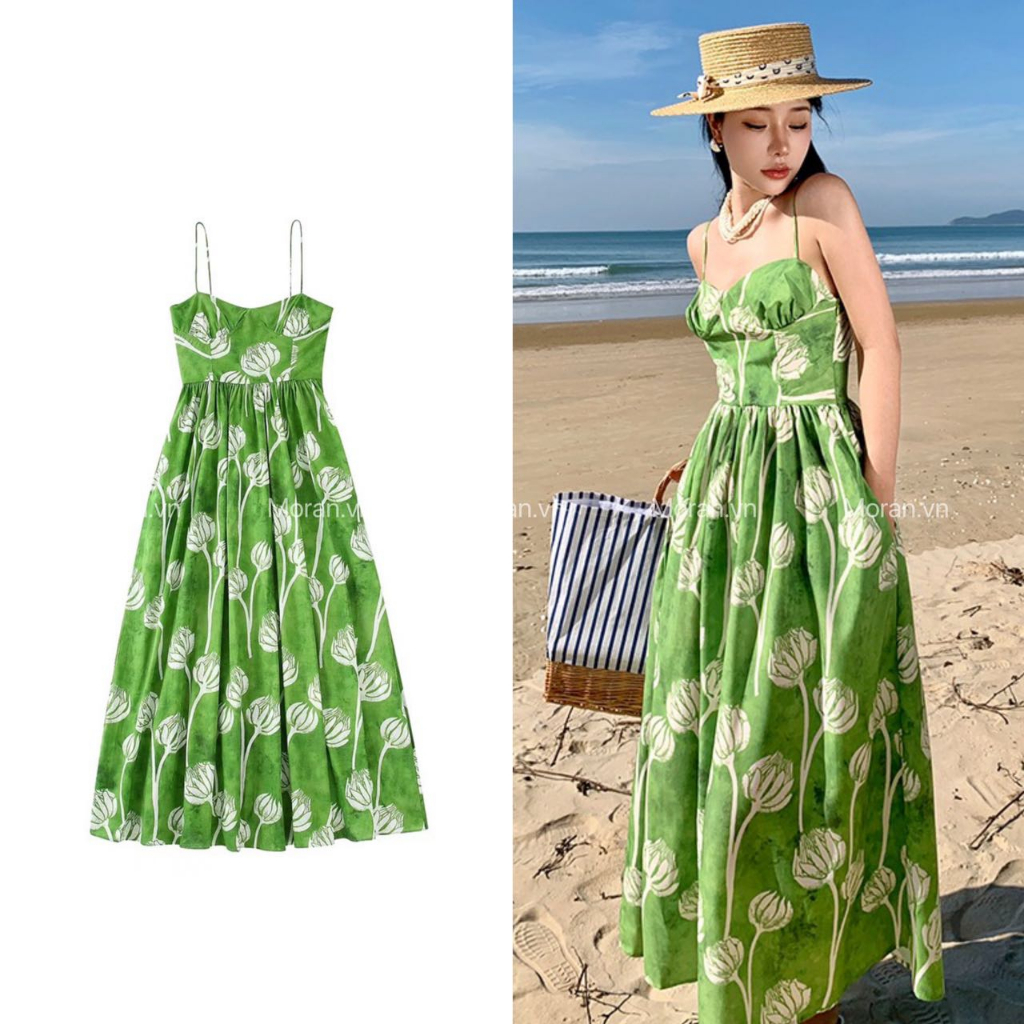 Qinchuan Đầm Dài Hai Dây Mỏng Mùa Hè 22 Kiểu Dáng Mới Có Khóa Kéo Đóng Cổ Trái Tim In Họa8024235