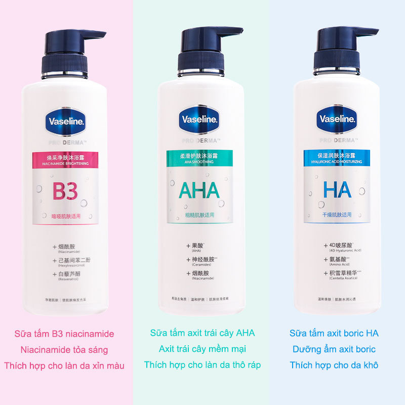 Gel Tắm Vaseline Chiết Xuất Axit Trái Cây Niacinamide Hyaluronic Làm Mềm Da Dung Tích 500ml