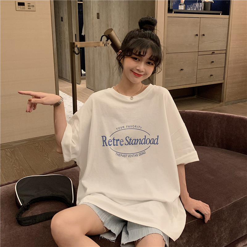 Áo Thun Tay Ngắn Cổ Tròn Dáng Rộng In Họa Tiết Thời Trang Mùa Hè Phong Cách Hàn Quốc Cho Nữ