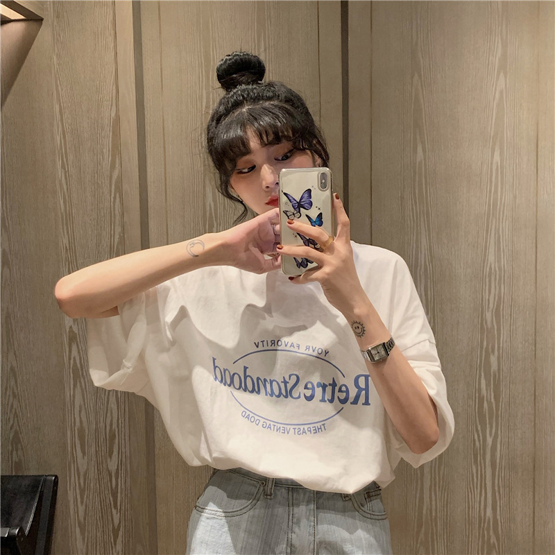 Áo Thun Tay Ngắn Cổ Tròn Dáng Rộng In Họa Tiết Thời Trang Mùa Hè Phong Cách Hàn Quốc Cho Nữ