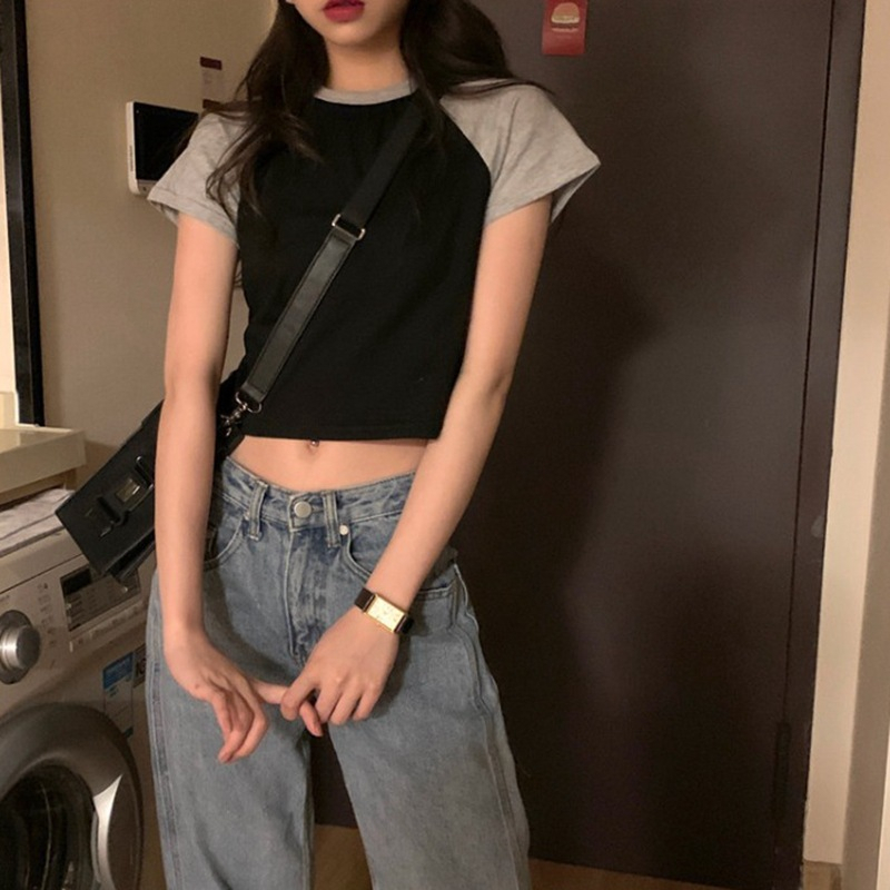 Áo Thun Tay Ngắn Cổ Tròn Phối Màu Thời Trang Mùa Hè Phong Cách Hàn Quốc Cho Nữ