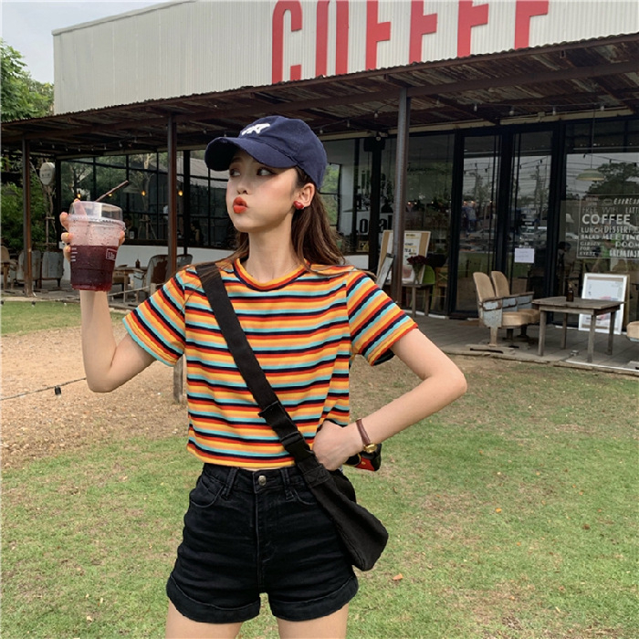 Áo Thun Tay Ngắn Cổ Tròn Họa Tiết Kẻ Sọc Cầu Vồng Thời Trang Mùa Hè Phong Cách Hàn Quốc Cho Nữ