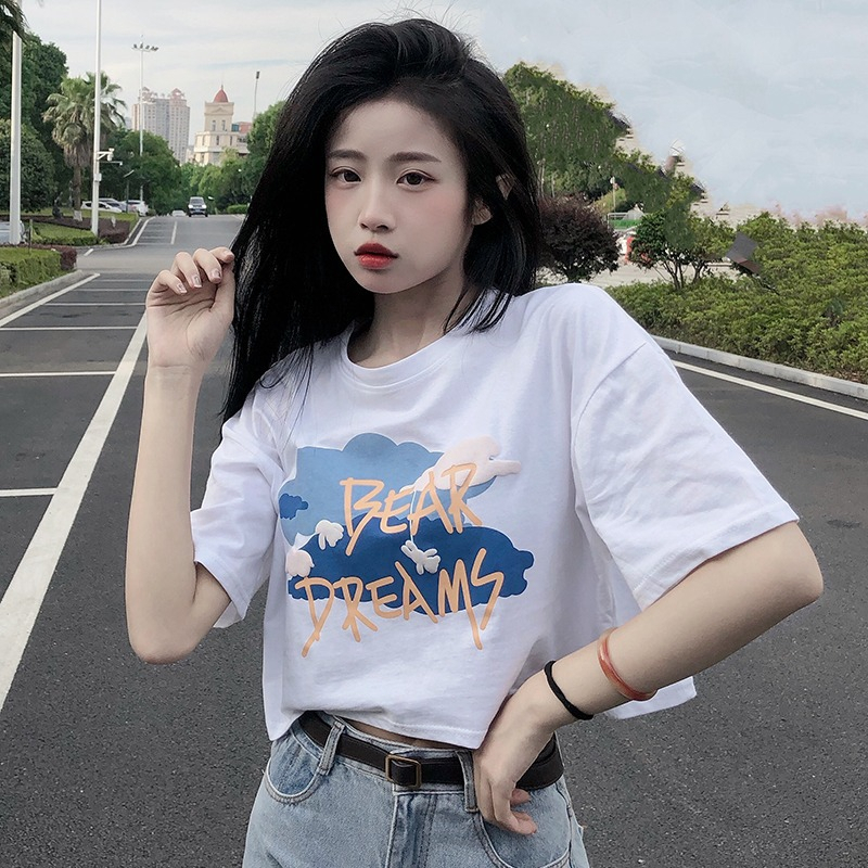 Áo Thun Tay Ngắn Cổ Tròn In Họa Tiết Thời Trang Mùa Hè Hàn Quốc Cho Nữ