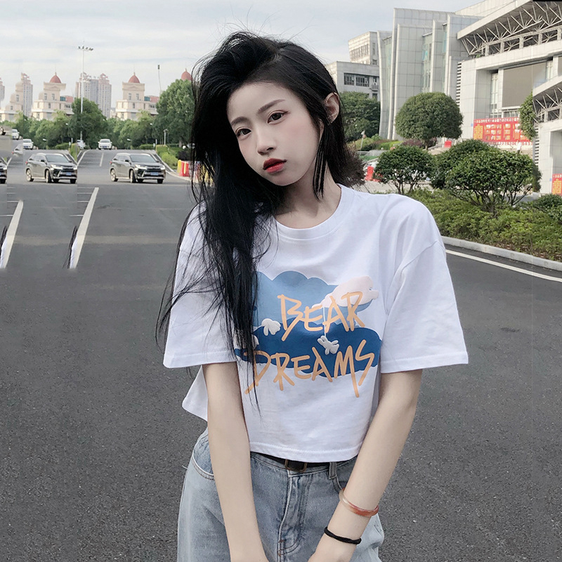 Áo Thun Tay Ngắn Cổ Tròn In Họa Tiết Thời Trang Mùa Hè Hàn Quốc Cho Nữ