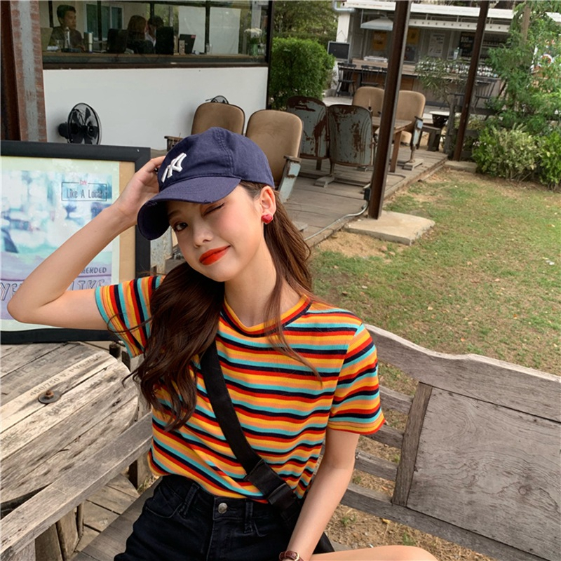 Áo Thun Tay Ngắn Cổ Tròn Họa Tiết Kẻ Sọc Cầu Vồng Thời Trang Mùa Hè Phong Cách Hàn Quốc Cho Nữ