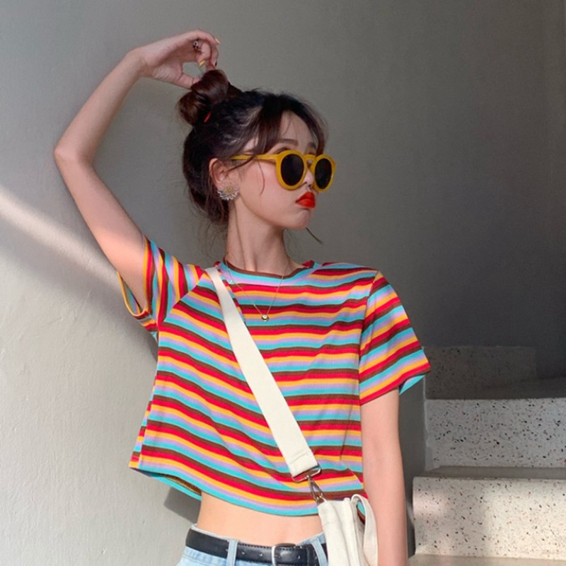 Áo Thun Tay Ngắn Cổ Tròn Họa Tiết Kẻ Sọc Cầu Vồng Thời Trang Mùa Hè Phong Cách Hàn Quốc Cho Nữ