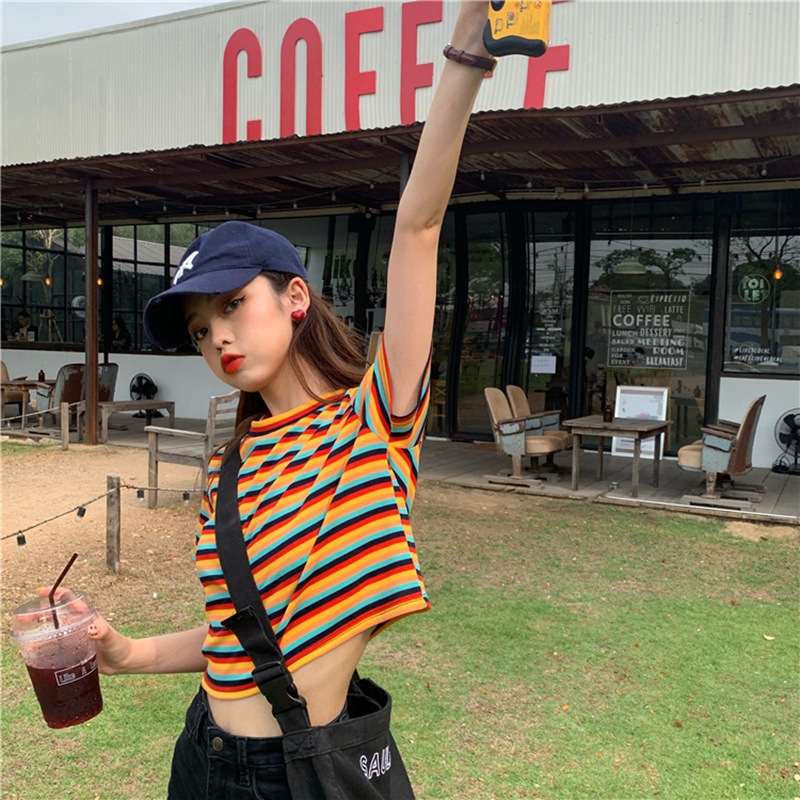 Áo Thun Tay Ngắn Cổ Tròn Họa Tiết Kẻ Sọc Cầu Vồng Thời Trang Mùa Hè Phong Cách Hàn Quốc Cho Nữ