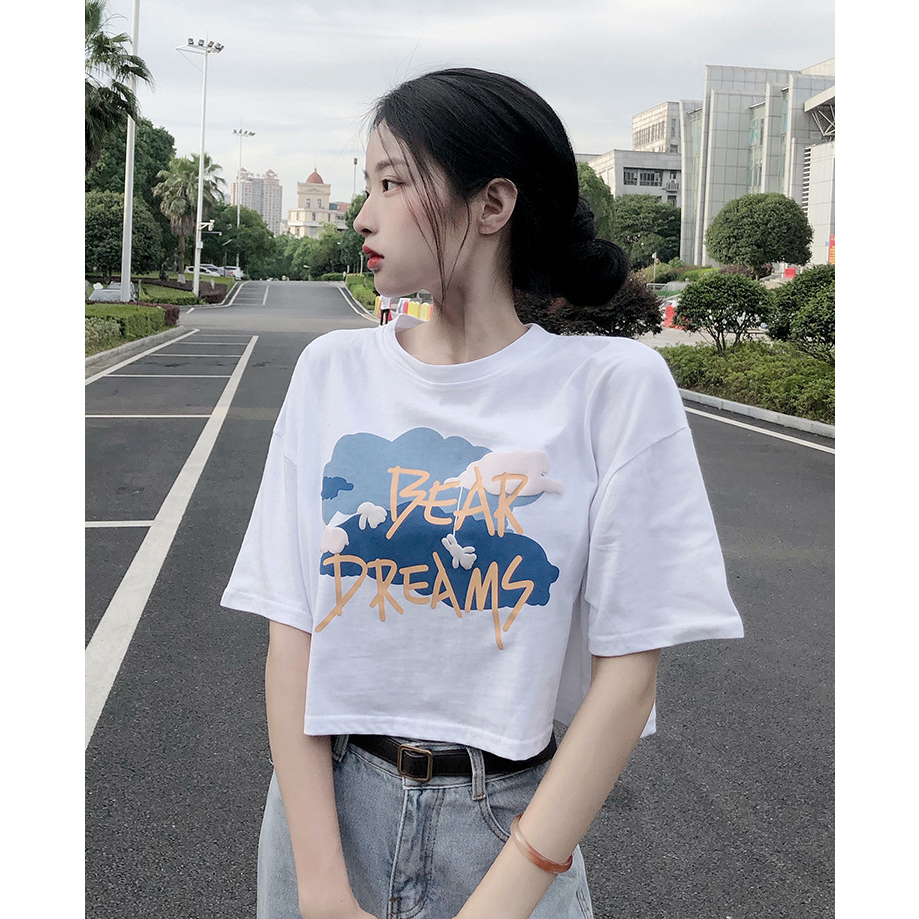 Áo Thun Tay Ngắn Cổ Tròn In Họa Tiết Thời Trang Mùa Hè Hàn Quốc Cho Nữ