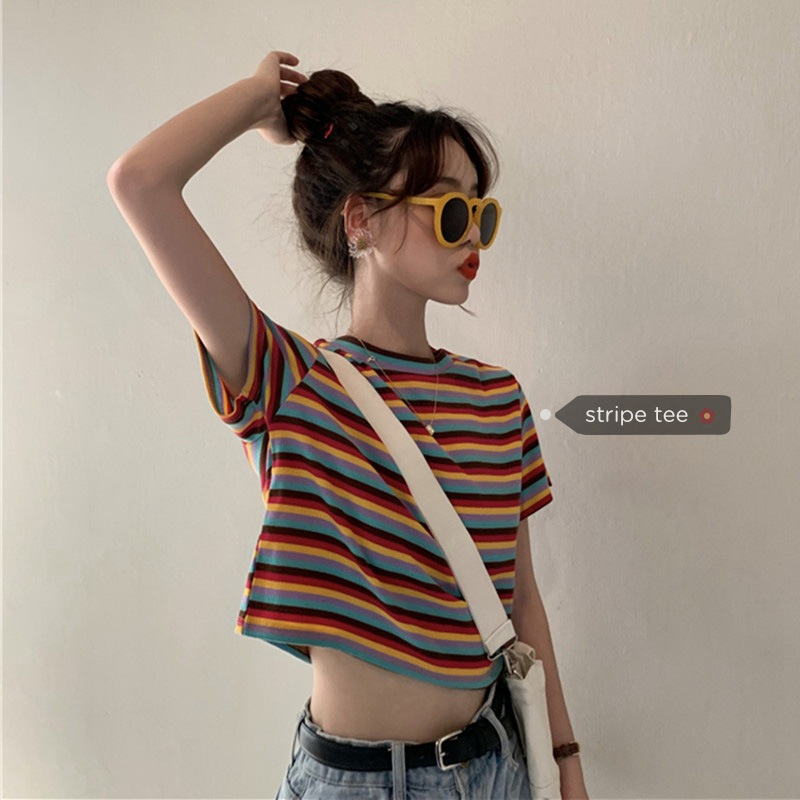 Áo Thun Tay Ngắn Cổ Tròn Họa Tiết Kẻ Sọc Cầu Vồng Thời Trang Mùa Hè Phong Cách Hàn Quốc Cho Nữ