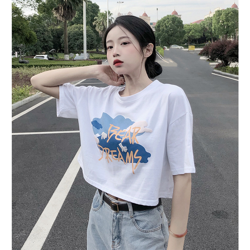 Áo Thun Tay Ngắn Cổ Tròn In Họa Tiết Thời Trang Mùa Hè Hàn Quốc Cho Nữ