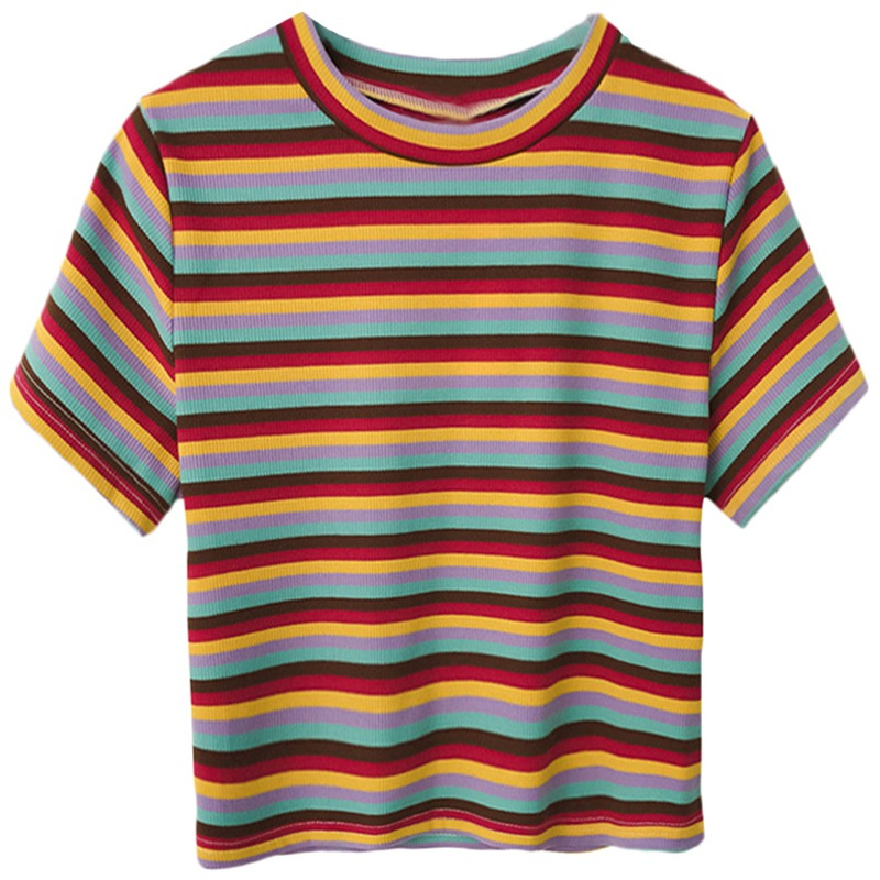 Áo Thun Tay Ngắn Cổ Tròn Họa Tiết Kẻ Sọc Cầu Vồng Thời Trang Mùa Hè Phong Cách Hàn Quốc Cho Nữ