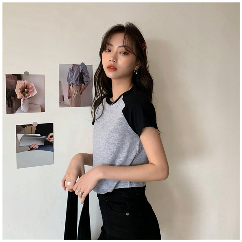 Áo Thun Tay Ngắn Cổ Tròn Phối Màu Thời Trang Mùa Hè Phong Cách Hàn Quốc Cho Nữ