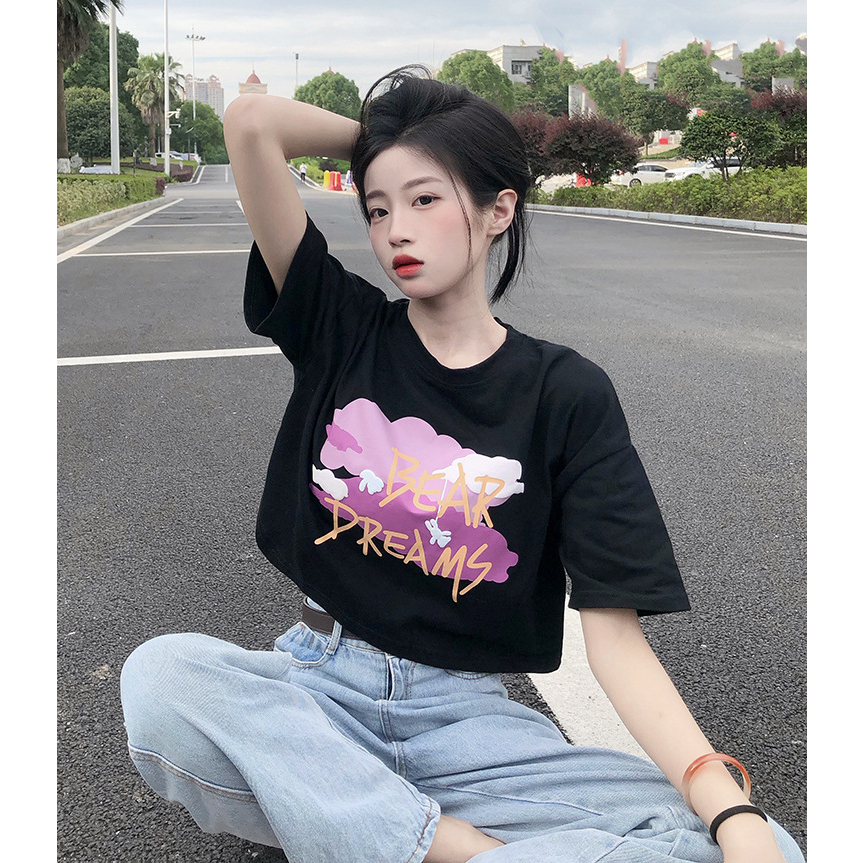 Áo Thun Tay Ngắn Cổ Tròn In Họa Tiết Thời Trang Mùa Hè Hàn Quốc Cho Nữ