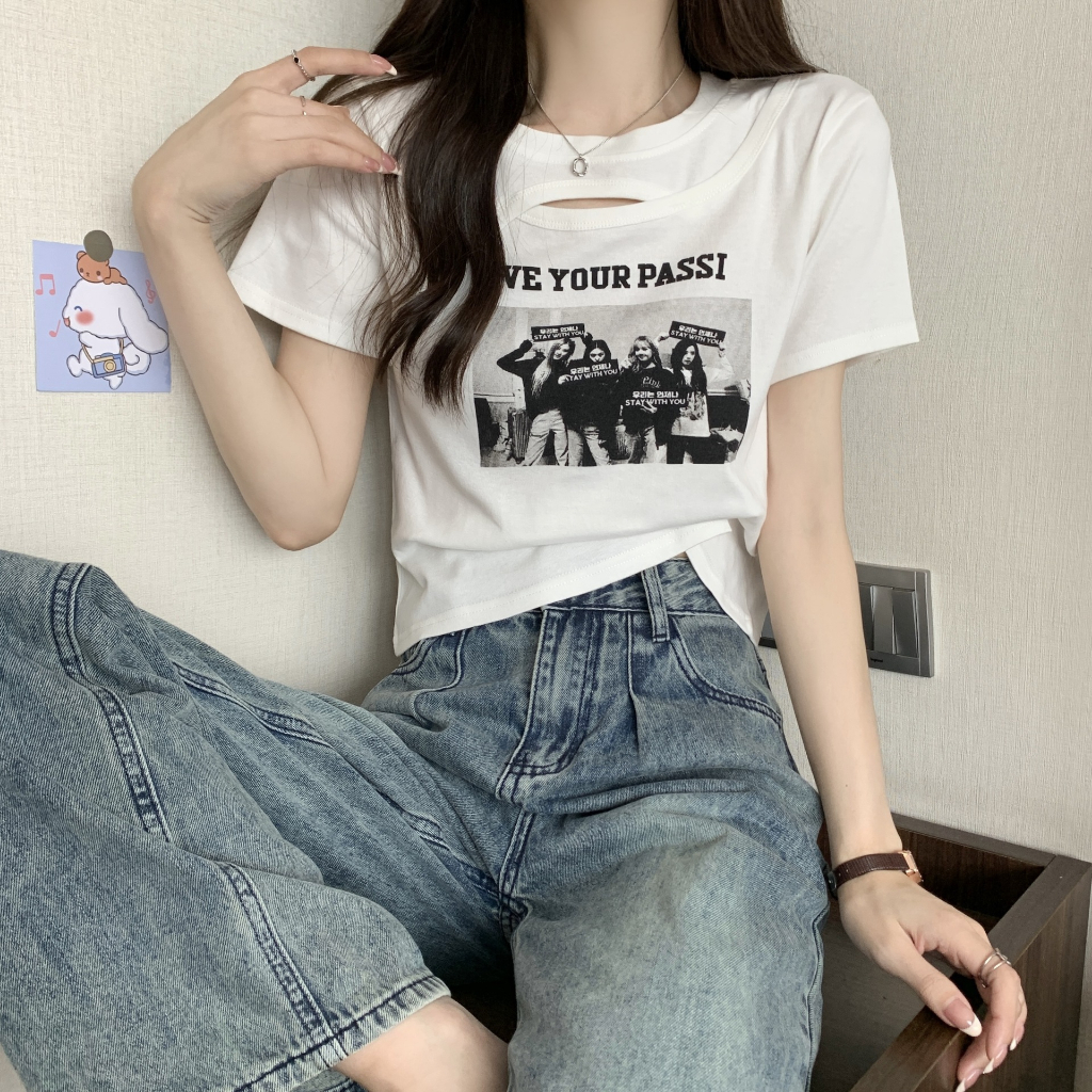 Áo Thun Tay Ngắn Cổ Vuông In Họa Tiết Thời Trang Mùa Hè Phong Cách Hàn Quốc Cho Nữ