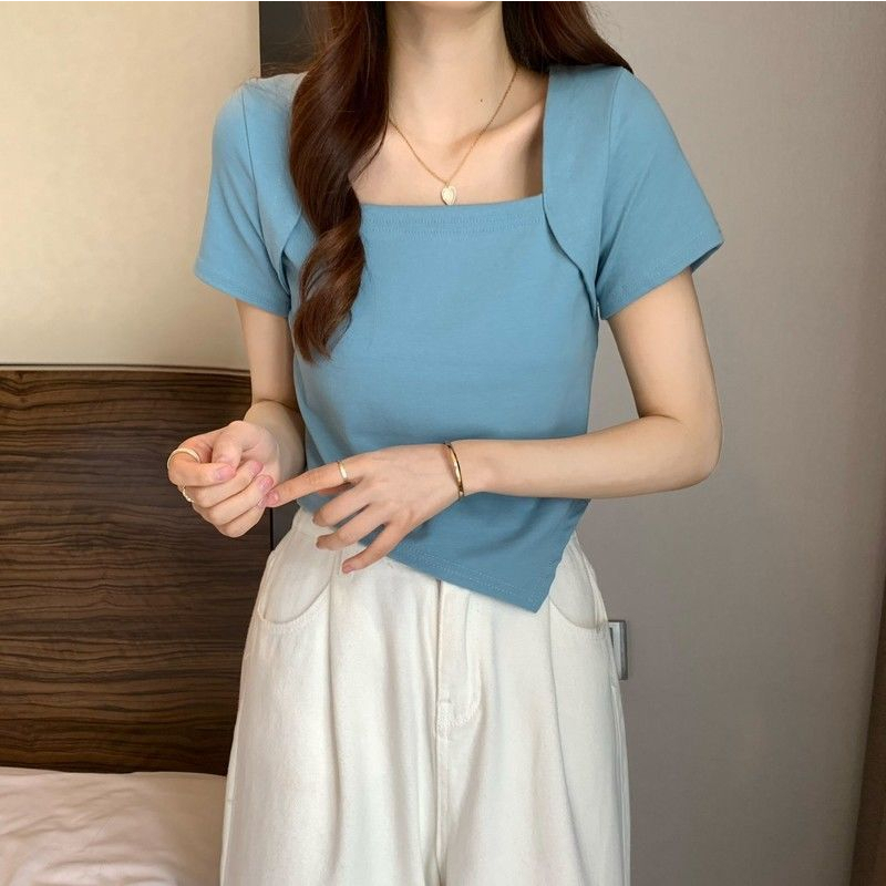 Áo Thun Tay Ngắn Cổ Vuông Thiết Kế Mới Thời Trang Mùa Hè Theo Phong Cách Hàn Quốc Cho Nữ