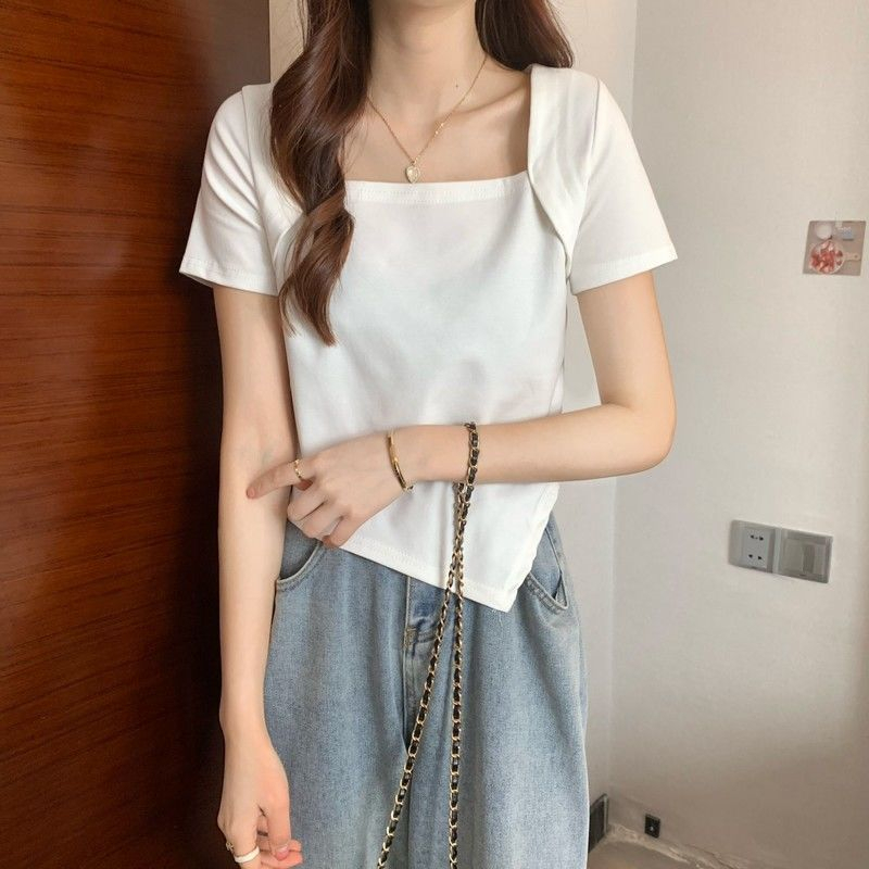 Áo Thun Tay Ngắn Cổ Vuông Thiết Kế Mới Thời Trang Mùa Hè Theo Phong Cách Hàn Quốc Cho Nữ