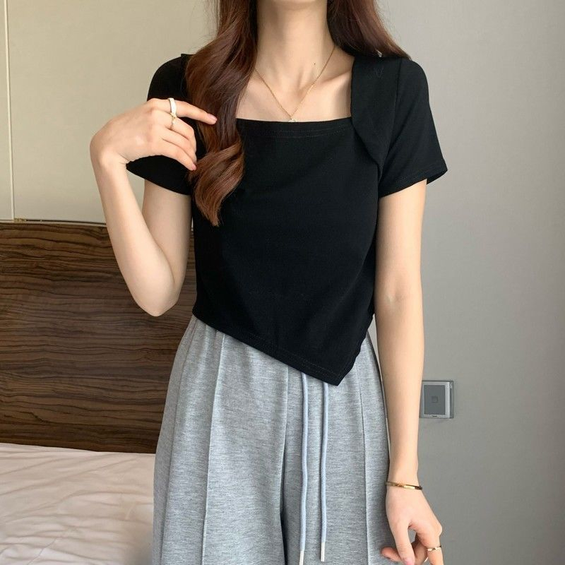 Áo Thun Tay Ngắn Cổ Vuông Thiết Kế Mới Thời Trang Mùa Hè Theo Phong Cách Hàn Quốc Cho Nữ