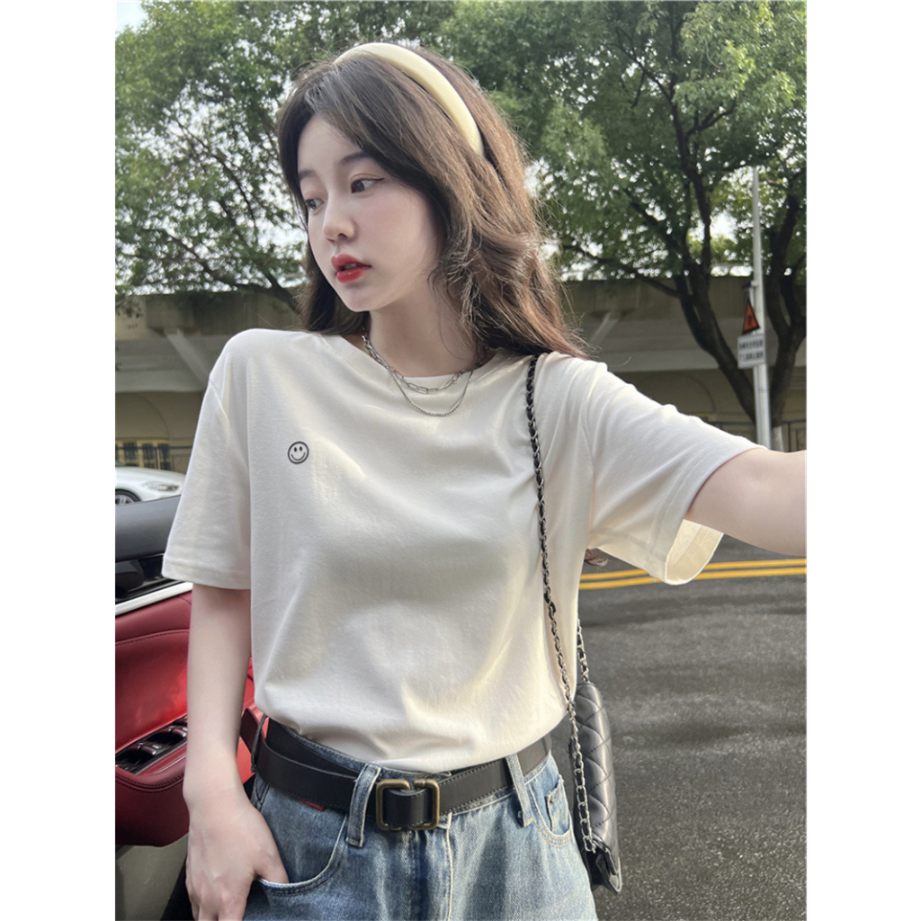 Áo Thun Nữ Ngắn Tay Cổ Tròn Dáng Rộng Phong Cách Hàn Quốc Mới