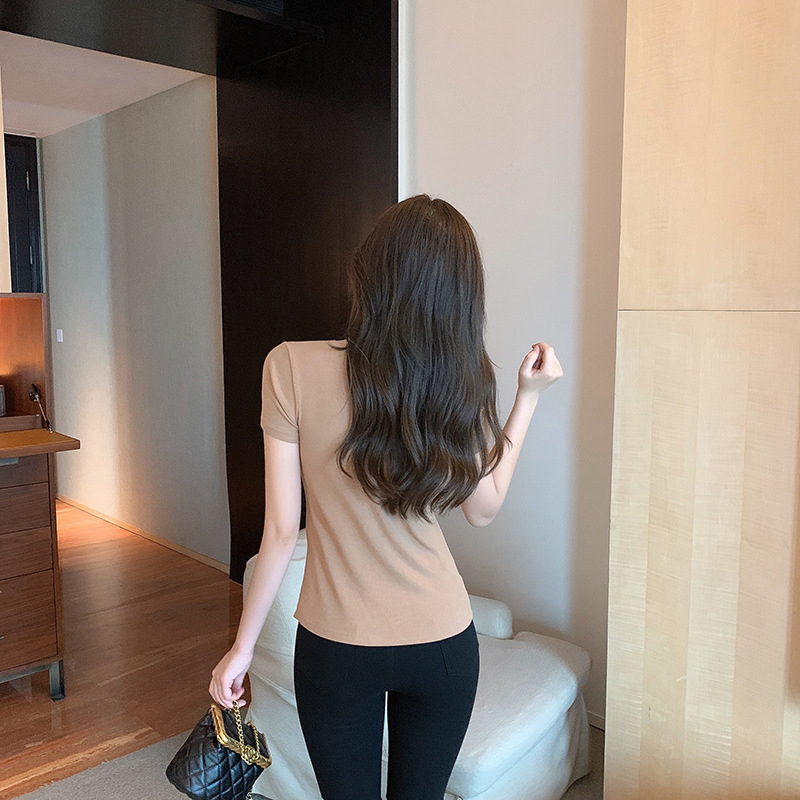 Áo Thun Tay Ngắn Cổ Tròn Ôm Dáng Xẻ Tà Quyến Rũ Thời Trang Phong Cách Hàn Quốc Cho Nữ