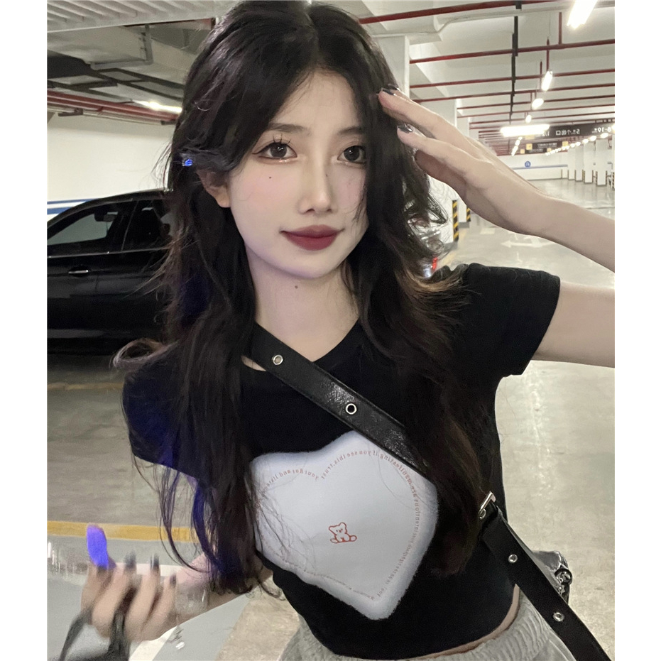 Áo Thun Ngắn Tay Cổ Tròn In Họa Tiết Trái Tim Phong Cách Hàn Quốc Thời Trang Mùa Hè Hàng Mới Dành Cho Bạn Nữ