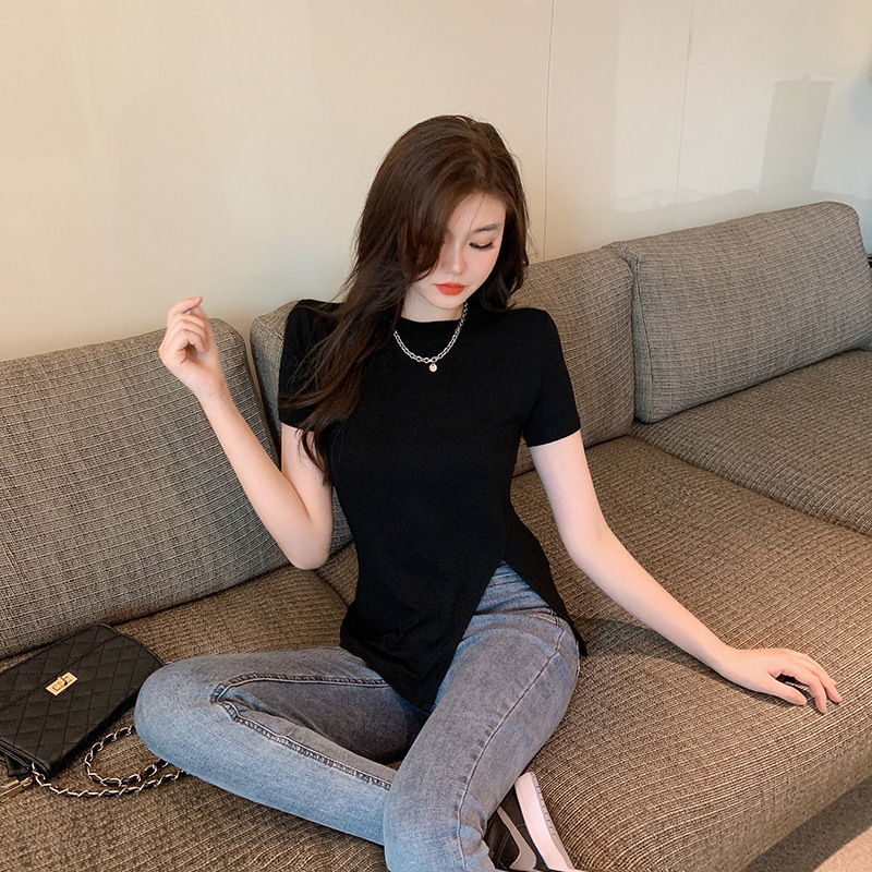 Áo Thun Tay Ngắn Cổ Tròn Ôm Dáng Xẻ Tà Quyến Rũ Thời Trang Phong Cách Hàn Quốc Cho Nữ