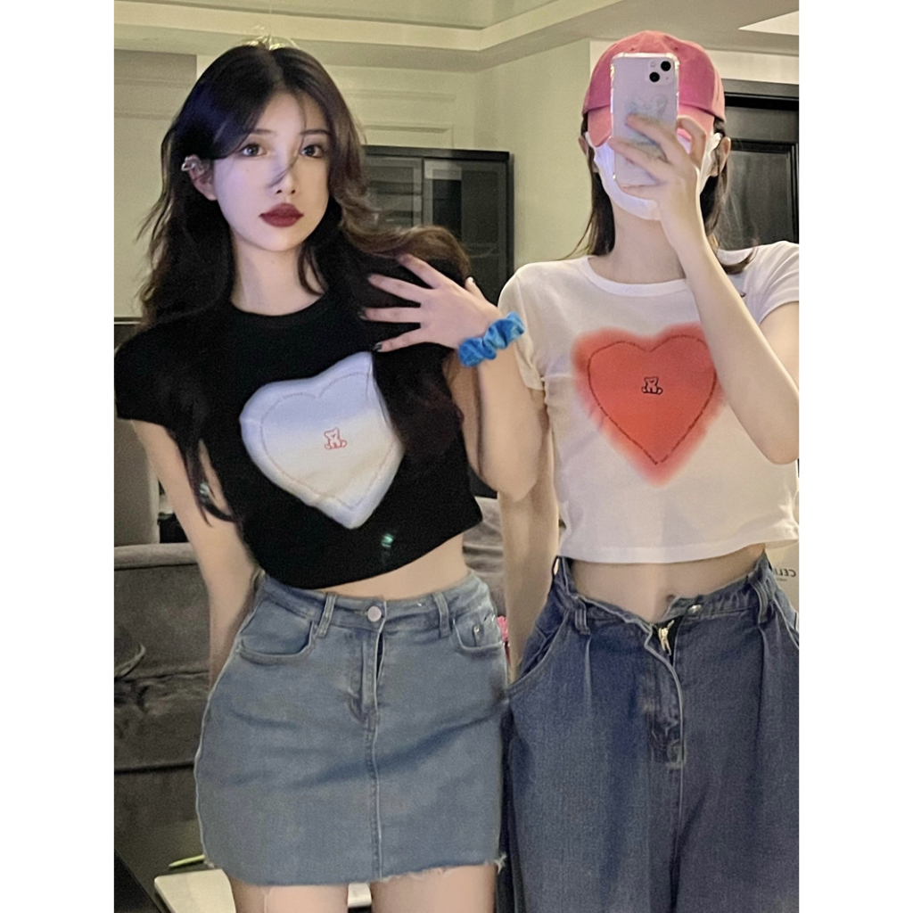 Áo Thun Ngắn Tay Cổ Tròn In Họa Tiết Trái Tim Phong Cách Hàn Quốc Thời Trang Mùa Hè Hàng Mới Dành Cho Bạn Nữ