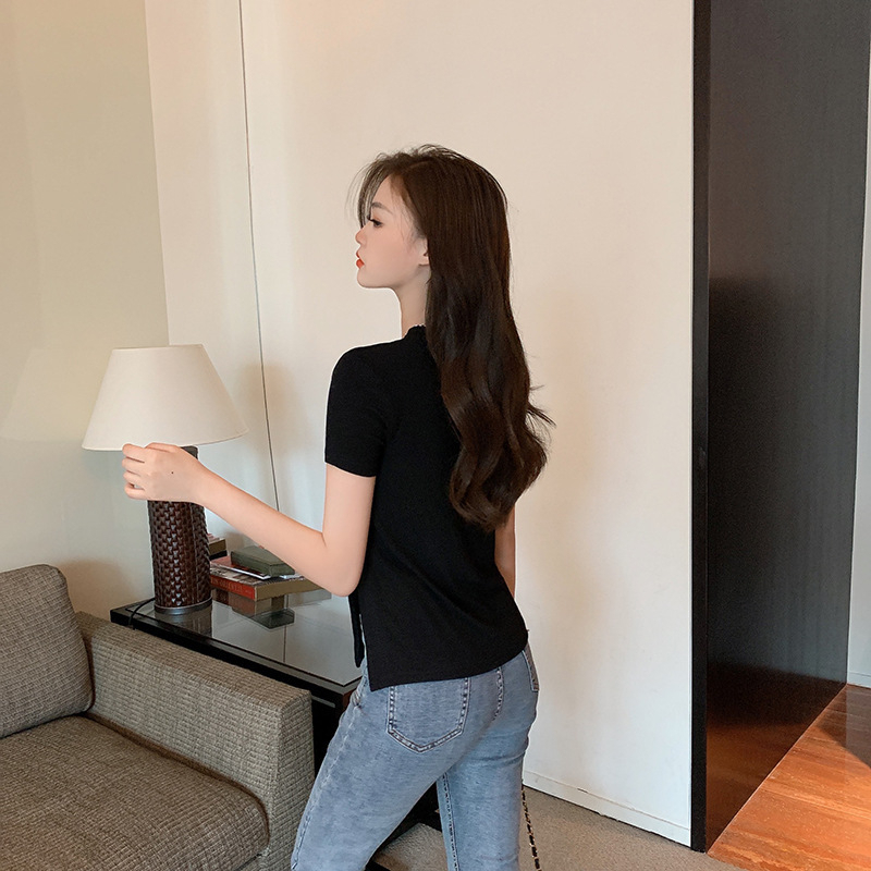 Áo Thun Tay Ngắn Cổ Tròn Ôm Dáng Xẻ Tà Quyến Rũ Thời Trang Phong Cách Hàn Quốc Cho Nữ