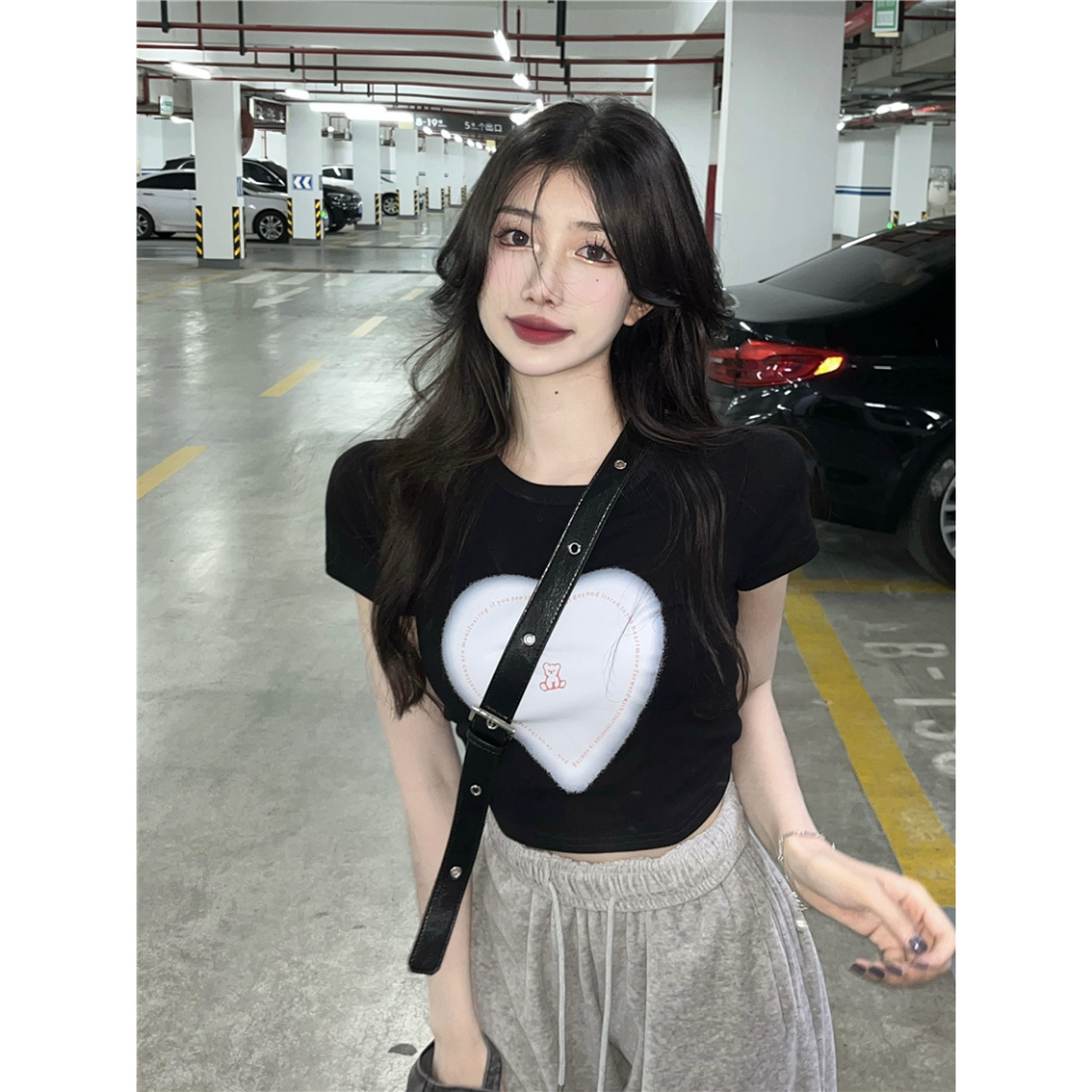 Áo Thun Ngắn Tay Cổ Tròn In Họa Tiết Trái Tim Phong Cách Hàn Quốc Thời Trang Mùa Hè Hàng Mới Dành Cho Bạn Nữ