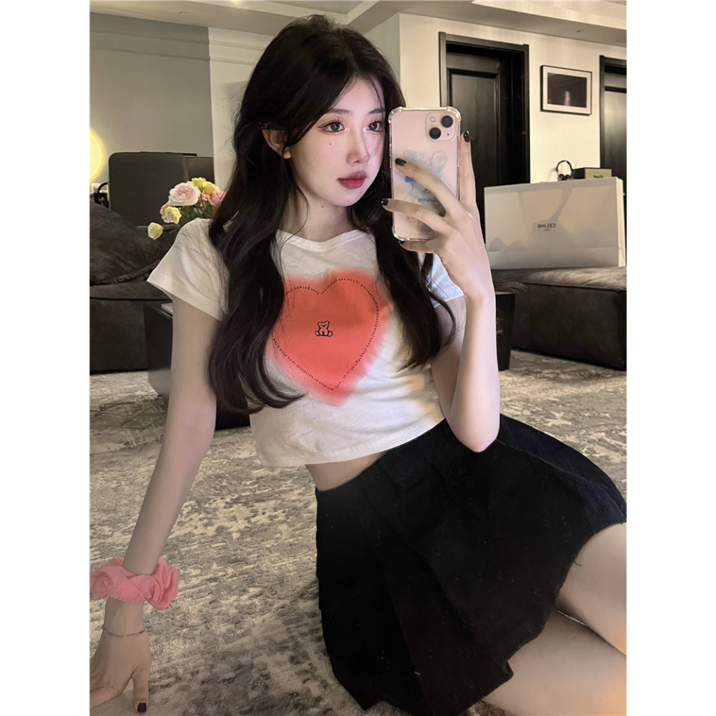 Áo Thun Ngắn Tay Cổ Tròn In Họa Tiết Trái Tim Phong Cách Hàn Quốc Thời Trang Mùa Hè Hàng Mới Dành Cho Bạn Nữ