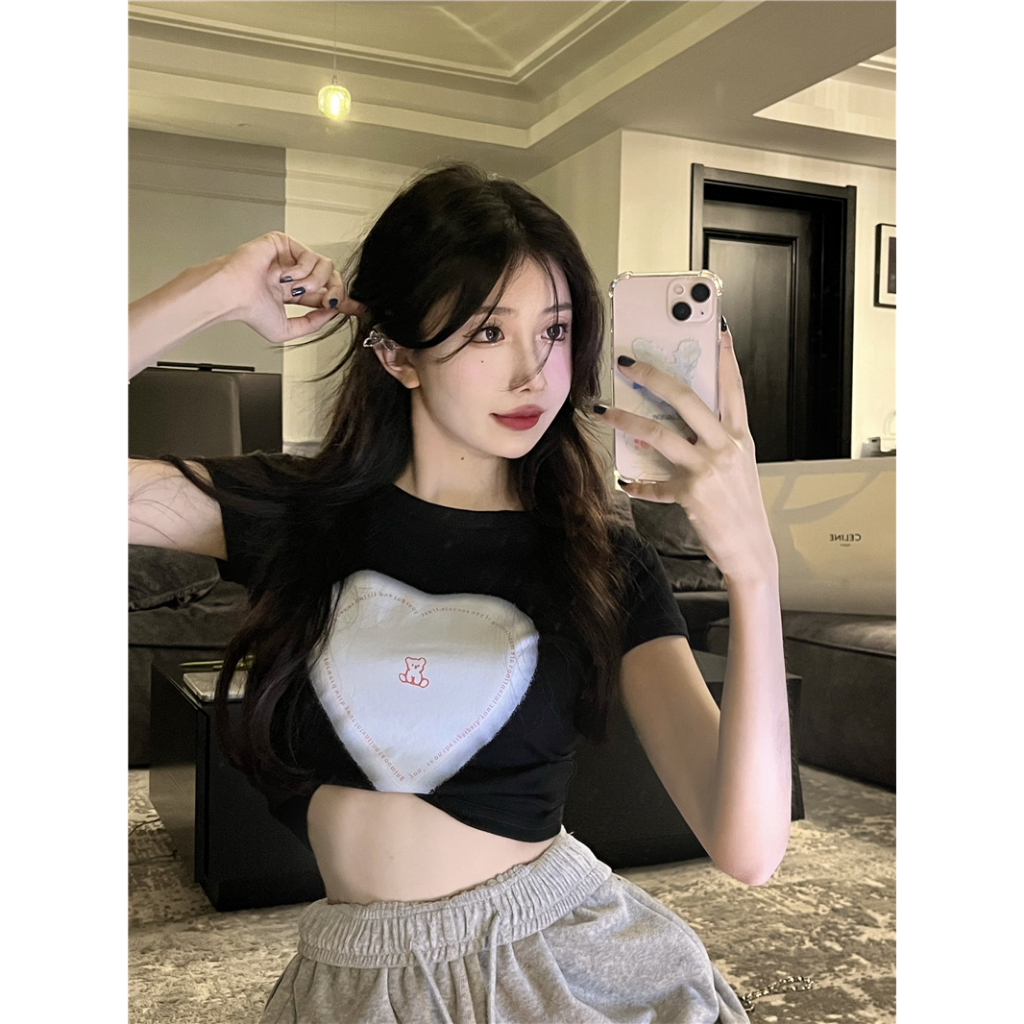Áo Thun Ngắn Tay Cổ Tròn In Họa Tiết Trái Tim Phong Cách Hàn Quốc Thời Trang Mùa Hè Hàng Mới Dành Cho Bạn Nữ