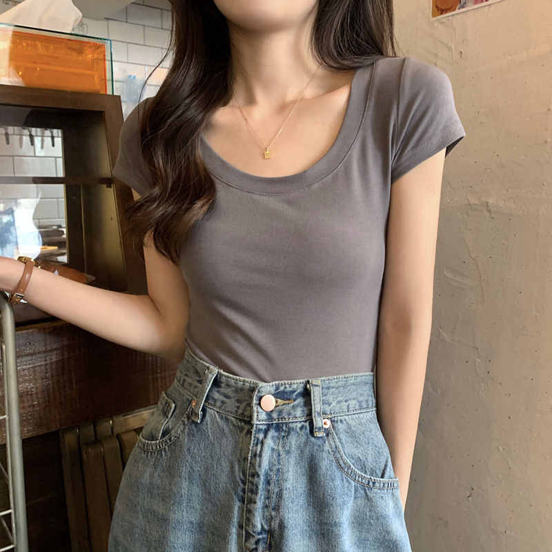 Áo Thun Ngắn Tay Cổ Chữ U Ôm Dáng Thời Trang Mùa Hè Hàn Quốc Mới Cho Nữ