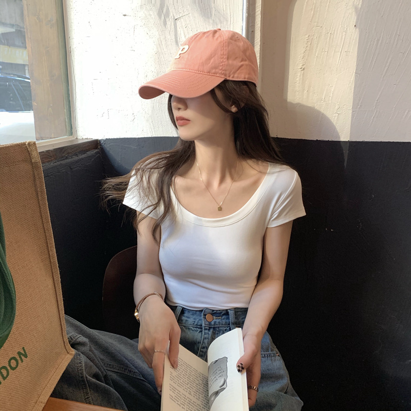 Áo Thun Ngắn Tay Cổ Chữ U Ôm Dáng Thời Trang Mùa Hè Hàn Quốc Mới Cho Nữ