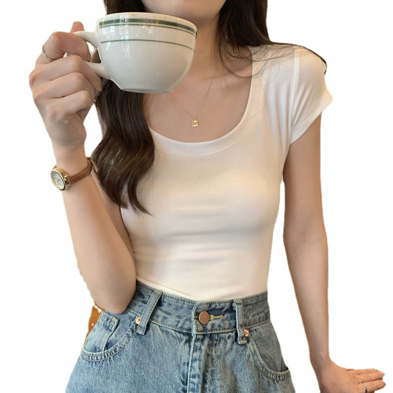 Áo Thun Ngắn Tay Cổ Chữ U Ôm Dáng Thời Trang Mùa Hè Hàn Quốc Mới Cho Nữ