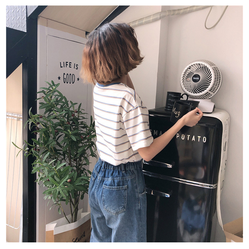 Áo Thun Ngắn Tay Cổ Tròn Họa Tiết Kẻ Sọc Thời Trang Mùa Hè Hàn Quốc Mới Cho Nữ