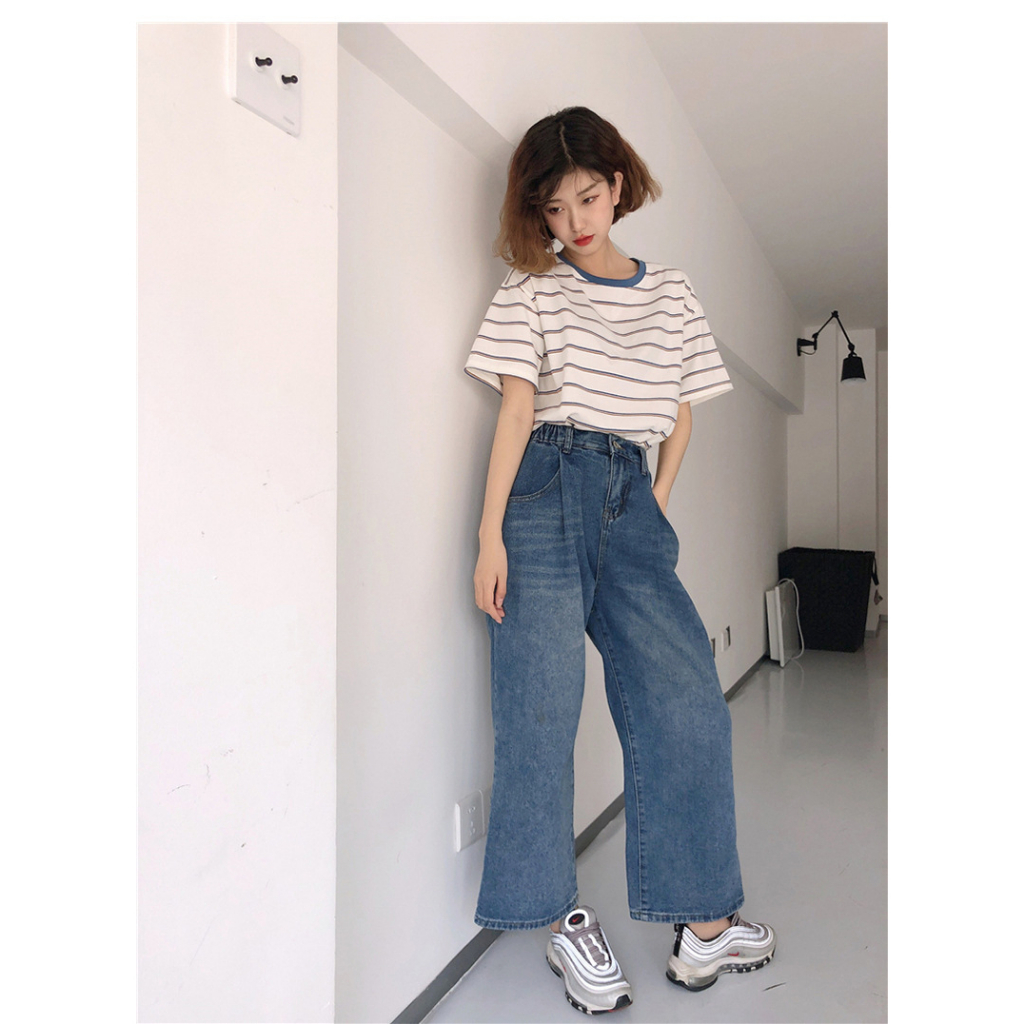 Áo Thun Ngắn Tay Cổ Tròn Họa Tiết Kẻ Sọc Thời Trang Mùa Hè Hàn Quốc Mới Cho Nữ