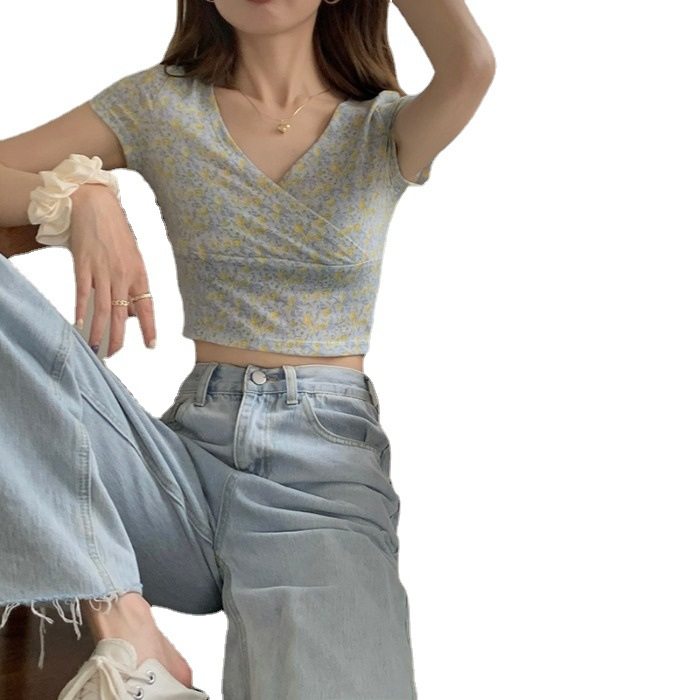 Áo Thun Ngắn Tay Cổ Chữ V In Họa Tiết Thời Trang Hàn Quốc Mới Cho Nữ