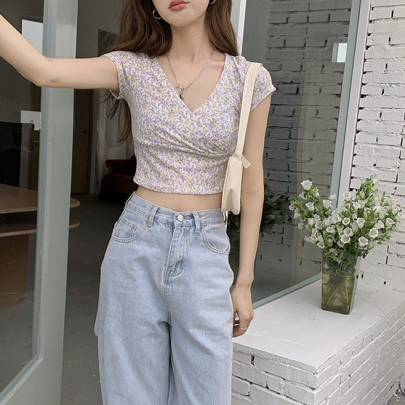 Áo Thun Ngắn Tay Cổ Chữ V In Họa Tiết Thời Trang Hàn Quốc Mới Cho Nữ