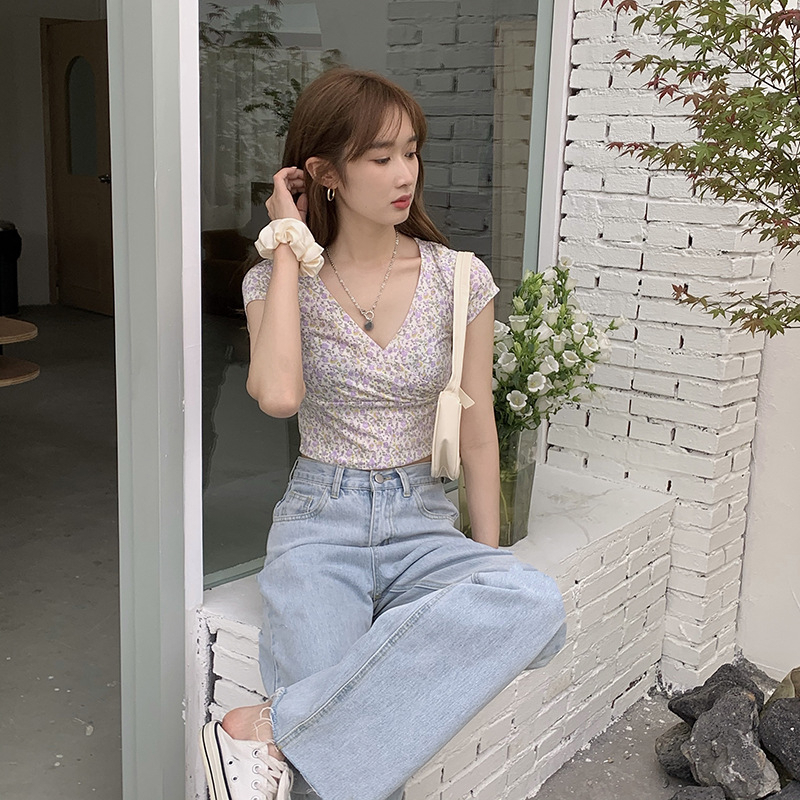 Áo Thun Ngắn Tay Cổ Chữ V In Họa Tiết Thời Trang Hàn Quốc Mới Cho Nữ