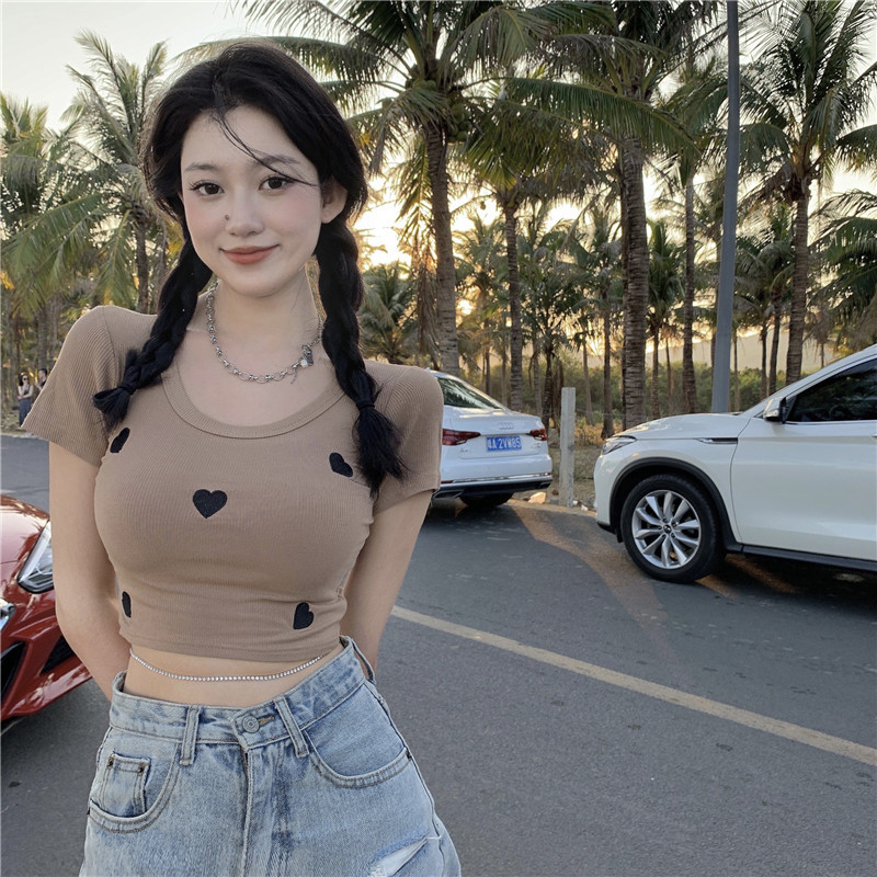 Áo Thun Ngắn Tay Cổ Chữ U Gợi Cảm Mùa Hè Hàn Quốc Mới Cho Nữ