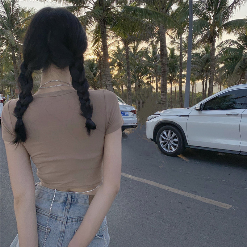 Áo Thun Ngắn Tay Cổ Chữ U Gợi Cảm Mùa Hè Hàn Quốc Mới Cho Nữ