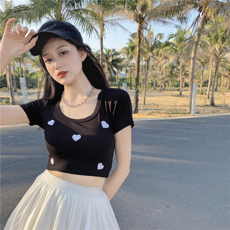 Áo Thun Ngắn Tay Cổ Chữ U Gợi Cảm Mùa Hè Hàn Quốc Mới Cho Nữ