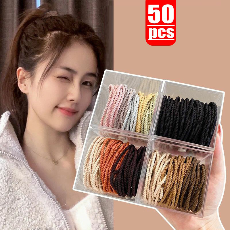 Set 50 Dây Buộc Tóc Cao Su Co Giãn Nhiều Màu Sắc Phong Cách Hàn Quốc