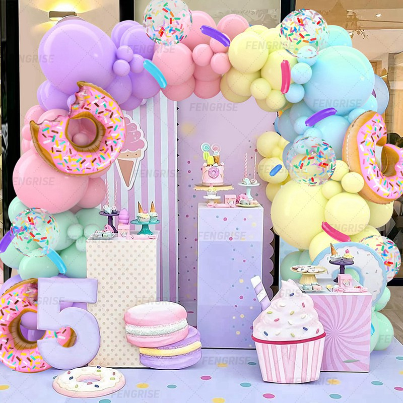 Set 139 Bong Bóng Lá Nhôm Hình Bánh Donut Màu Pastel Chủ Đề Vòm Donut Trang Trí Tiệc Sinh Nhật Bé Gái 1 Tuổi