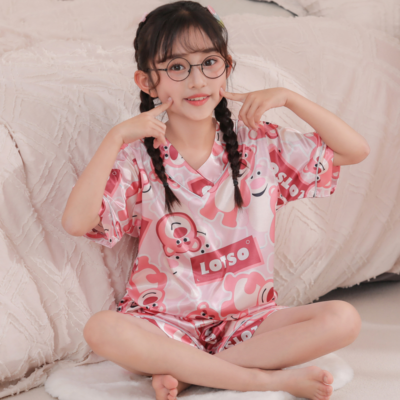 Bộ Đồ Ngủ Bằng Lụa Satin Tay Ngắn In Họa Tiết Hoạt Hình Dễ Thương Cho Bé Gái