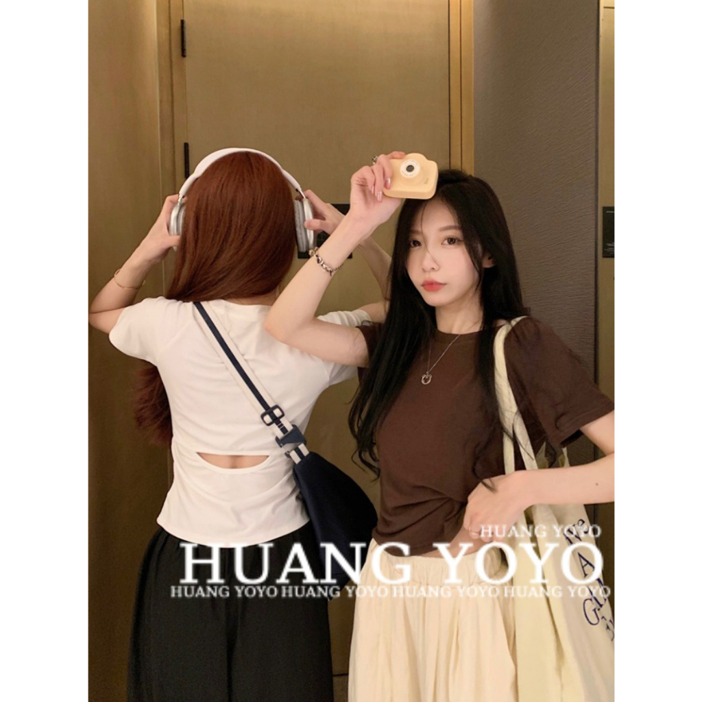 Áo Thun Mùa Hè 2023 Tay Cộc Cổ Tròn Khoét Lưng Màu Trơn Cho Nữ