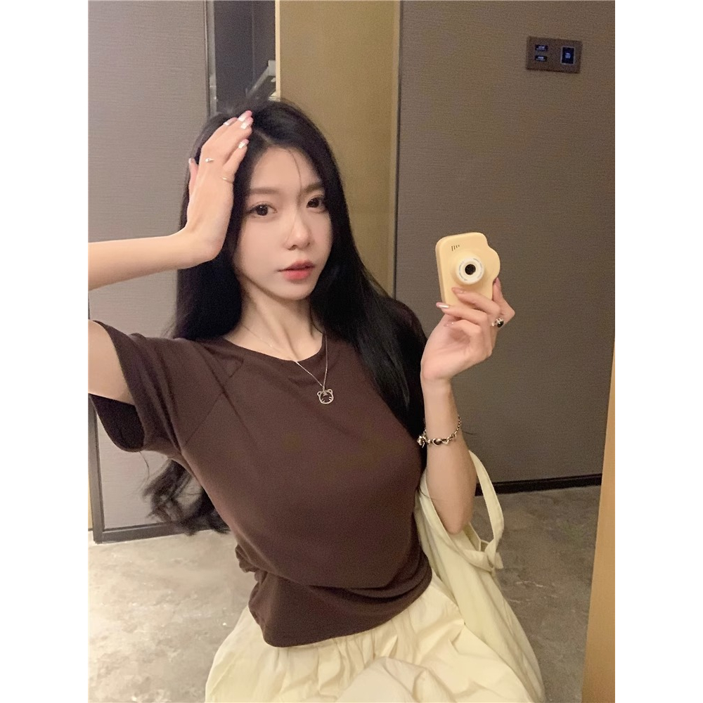 Áo Thun Mùa Hè 2023 Tay Cộc Cổ Tròn Khoét Lưng Màu Trơn Cho Nữ